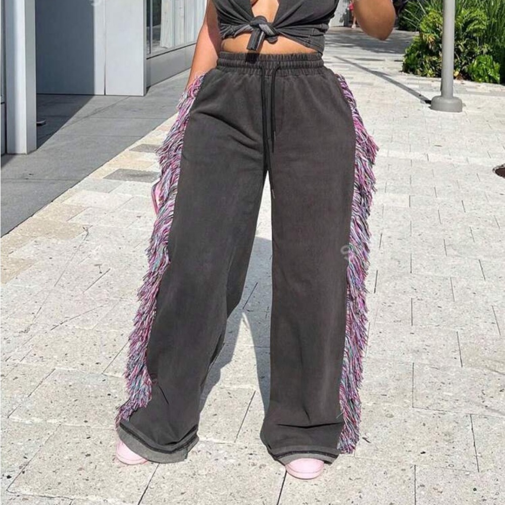 SHEIN Gray Wide Leg Pants with Pink Fringe